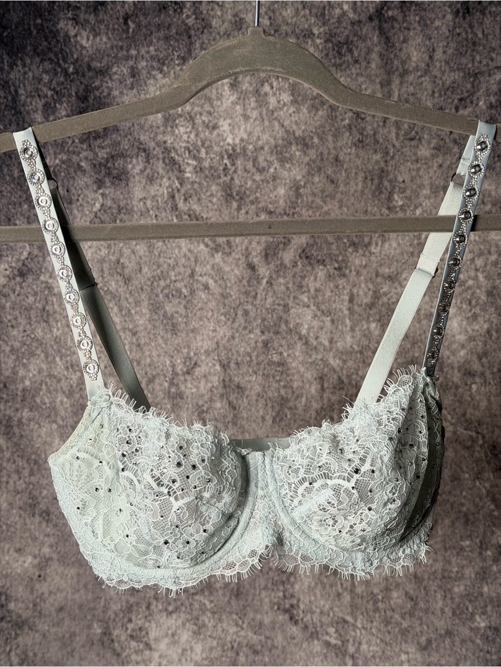 Embellished Strap Lace Balconette Bra in Pale Mint
